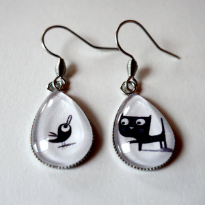 Earrings Cat and bird