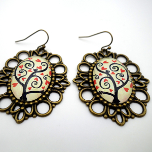 Vintage earrings Red hearts tree