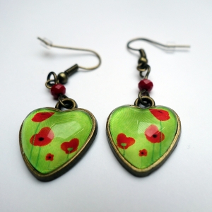 Heart earrings Green poppies